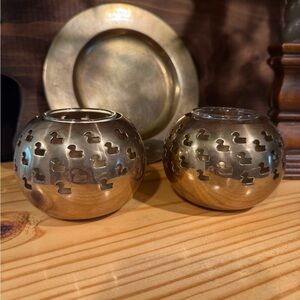 Vintage Brass- Two Round Votive/ Candle Holders Unique Duck Pattern